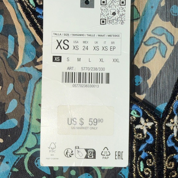 Zara Black and Teal Paisley Sz XS Dress NWT - Picture 10 of 10